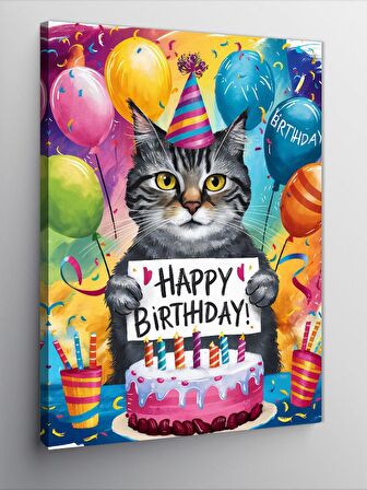 Kanvas Tablo doğum günü kutlayan kedi
