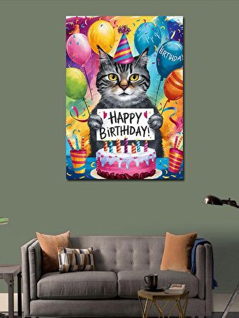 Kanvas Tablo doğum günü kutlayan kedi