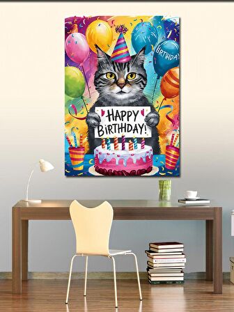 Kanvas Tablo doğum günü kutlayan kedi