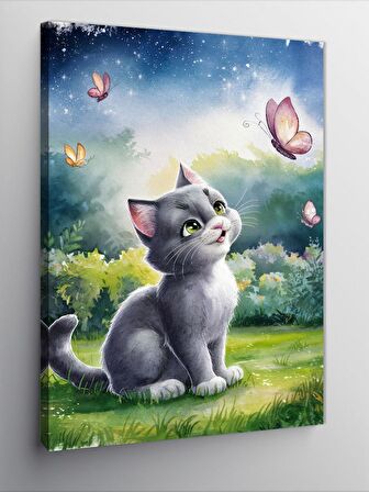 Kanvas Tablo Gri yavru kedi ve kelebek