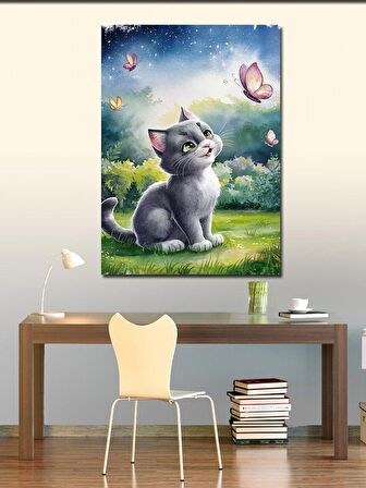 Kanvas Tablo Gri yavru kedi ve kelebek