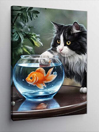 Kanvas Tablo Akvaryumdaki balık ve kedi