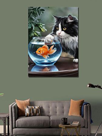 Kanvas Tablo Akvaryumdaki balık ve kedi