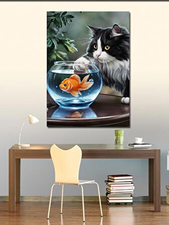Kanvas Tablo Akvaryumdaki balık ve kedi