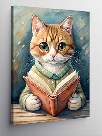 Kanvas Tablo Kitap Okuyan Sarı Kedi