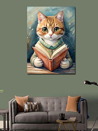 Kanvas Tablo Kitap Okuyan Sarı Kedi