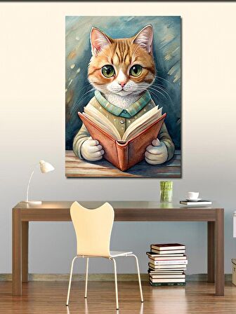 Kanvas Tablo Kitap Okuyan Sarı Kedi