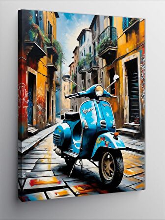 Kanvas Tablo Retro Mavi Ve Scooter Motosiklet
