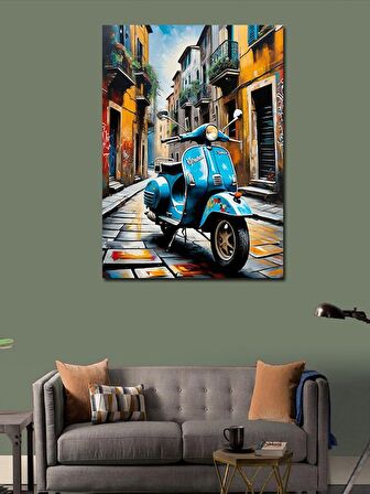 Kanvas Tablo Retro Mavi Ve Scooter Motosiklet