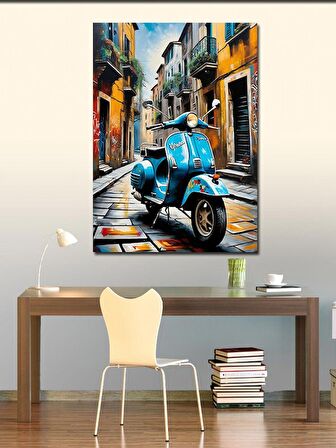 Kanvas Tablo Retro Mavi Ve Scooter Motosiklet