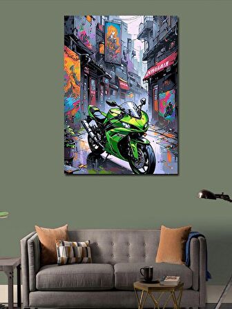 Kanvas Tablo Yeşil Yarış Motosikleti