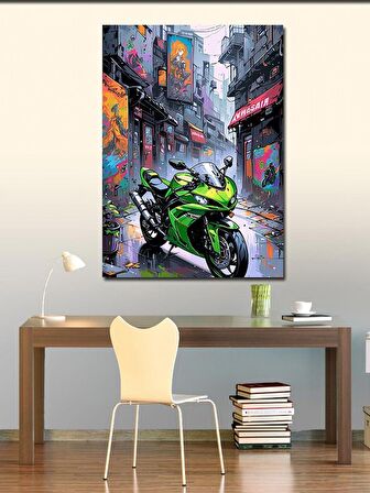 Kanvas Tablo Yeşil Yarış Motosikleti