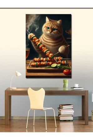Kanvas Tablo Şiş Kebap Yapan Kedi