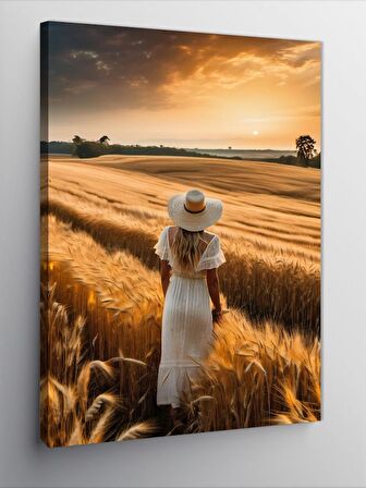 Kanvas Tablo Tarlada Hasır Şapkalı Kadın