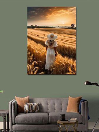 Kanvas Tablo Tarlada Hasır Şapkalı Kadın