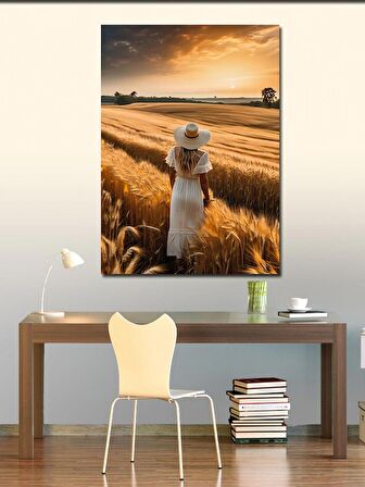 Kanvas Tablo Tarlada Hasır Şapkalı Kadın