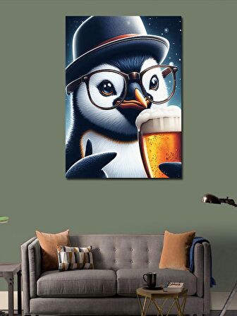Kanvas Tablo Bira İçen Gözlüklü Penguen