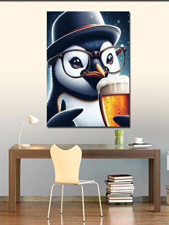 Kanvas Tablo Bira İçen Gözlüklü Penguen