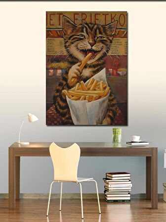 Kanvas Tablo Patates Cipsi Yiyen Kedi