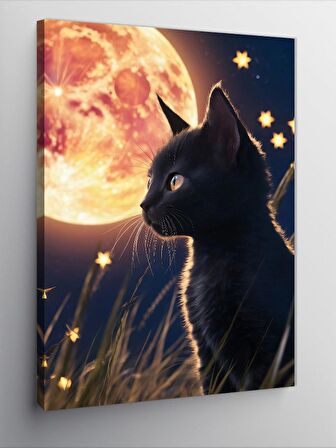 Kanvas Tablo Siyah Kedi Ve Dolunay