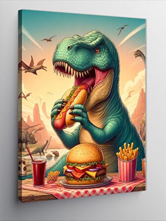 Kanvas Tablo Hotdog Yiyen Dinozor