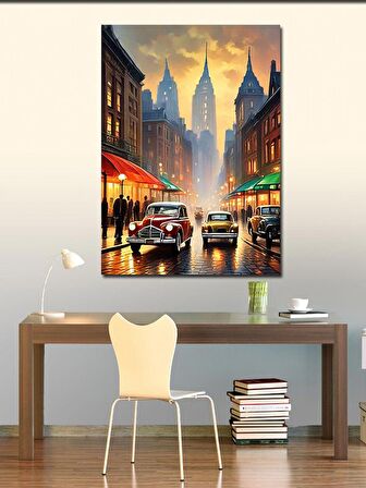 Kanvas Tablo Retro Arabalar Ve Şehir