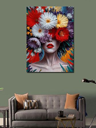 Kanvas Tablo Renkli Çiçekler Ve Kadın