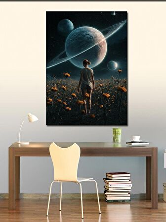 Kanvas Tablo Çiçek Tarlası Ve Gezegenler