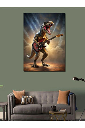 Kanvas Tablo Elektro Gitar Çalan Dinazor