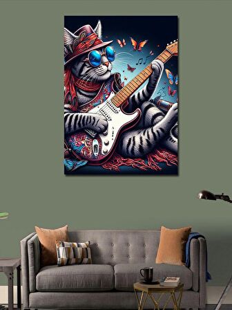Kanvas Tablo Gitar Çalan Gözlüklü Kedi