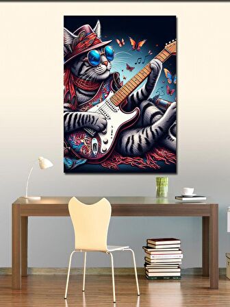 Kanvas Tablo Gitar Çalan Gözlüklü Kedi