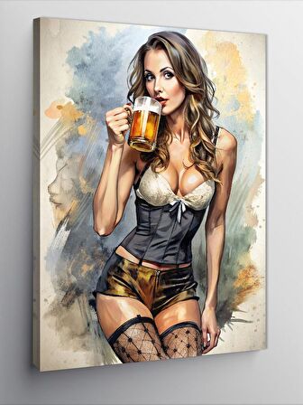Kanvas Tablo Bira İçen Jartiyerli Kadın