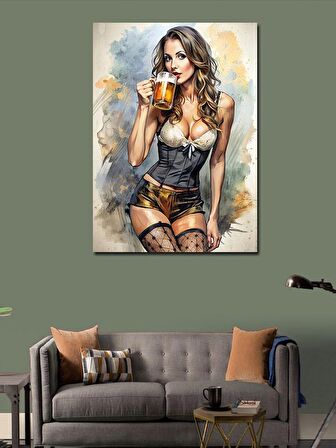 Kanvas Tablo Bira İçen Jartiyerli Kadın
