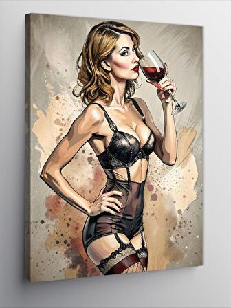 Kanvas Tablo Şarap İçen Jartiyerli Kadın