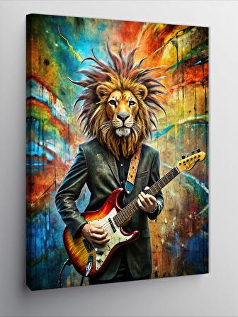 Kanvas Tablo Elektro Gitar Çalan Aslan
