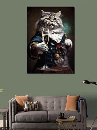 Kanvas Tablo Şampanya İçen Retro Kedi