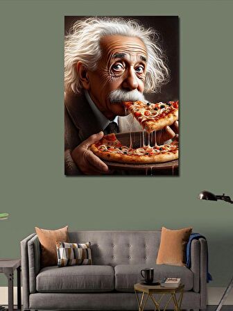 Kanvas Tablo Albert Einstein Pizza Yiyor