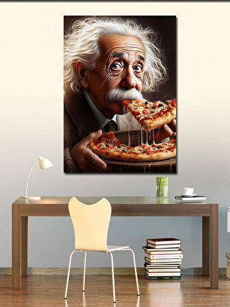 Kanvas Tablo Albert Einstein Pizza Yiyor