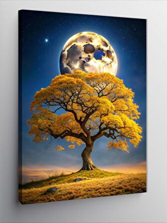 Kanvas Tablo Sarı Ağaç Ve Dolunay