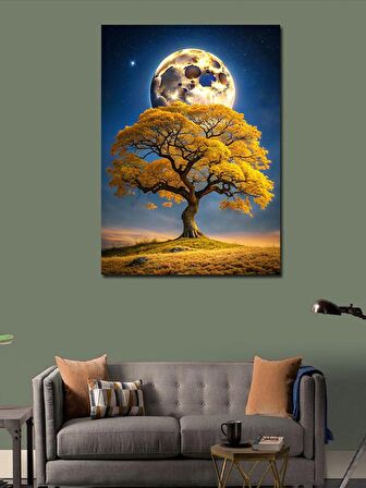 Kanvas Tablo Sarı Ağaç Ve Dolunay