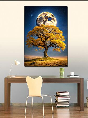 Kanvas Tablo Sarı Ağaç Ve Dolunay