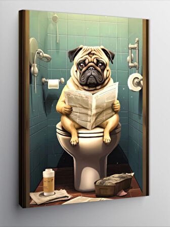 Kanvas Tablo Tuvaletteki Gazete Okuyan Pug Köpek