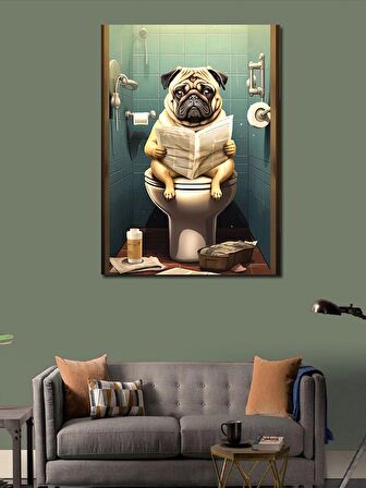 Kanvas Tablo Tuvaletteki Gazete Okuyan Pug Köpek