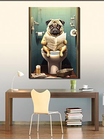 Kanvas Tablo Tuvaletteki Gazete Okuyan Pug Köpek