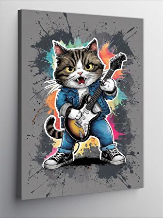 Kanvas Tablo Elektro Gitar Çalan Kedi