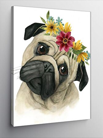 Kanvas Tablo Sevimli Pug Köpek Ve Çiçekler