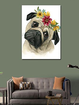 Kanvas Tablo Sevimli Pug Köpek Ve Çiçekler