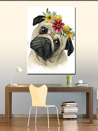 Kanvas Tablo Sevimli Pug Köpek Ve Çiçekler