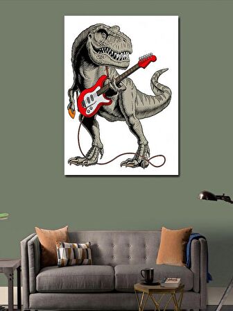 Kanvas Tablo Elektro Gitar Çalan Dinazor