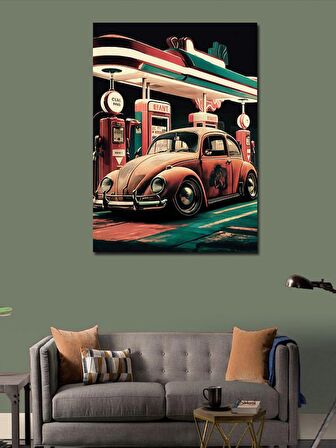 Kanvas Tablo Retro Benzin İstasyonu Ve Araba